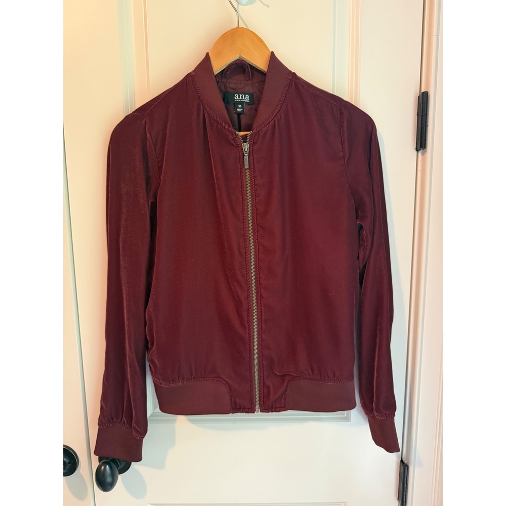 ana Women Burgundy Satin Bomber Jacket XS Maroon Full Zip Lightweight